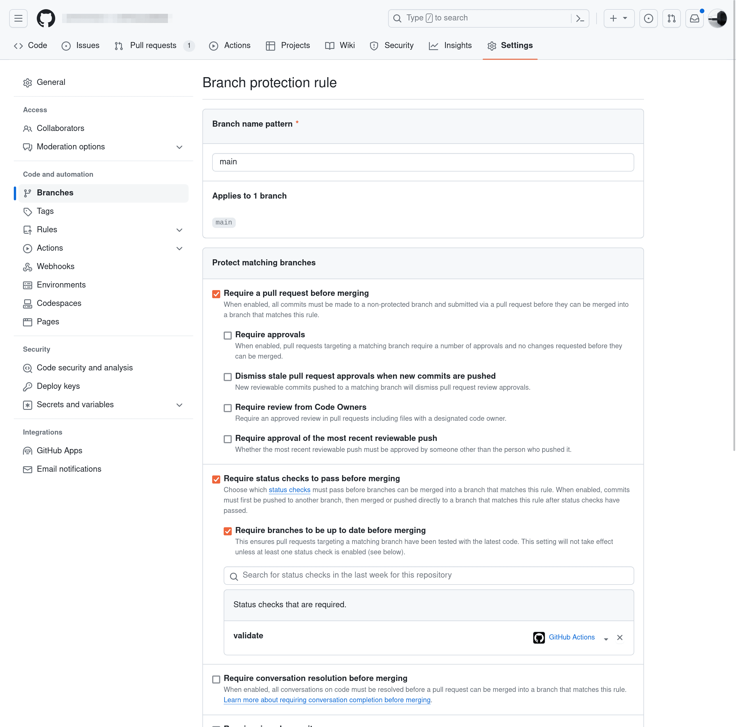 GitHub branch protection settings