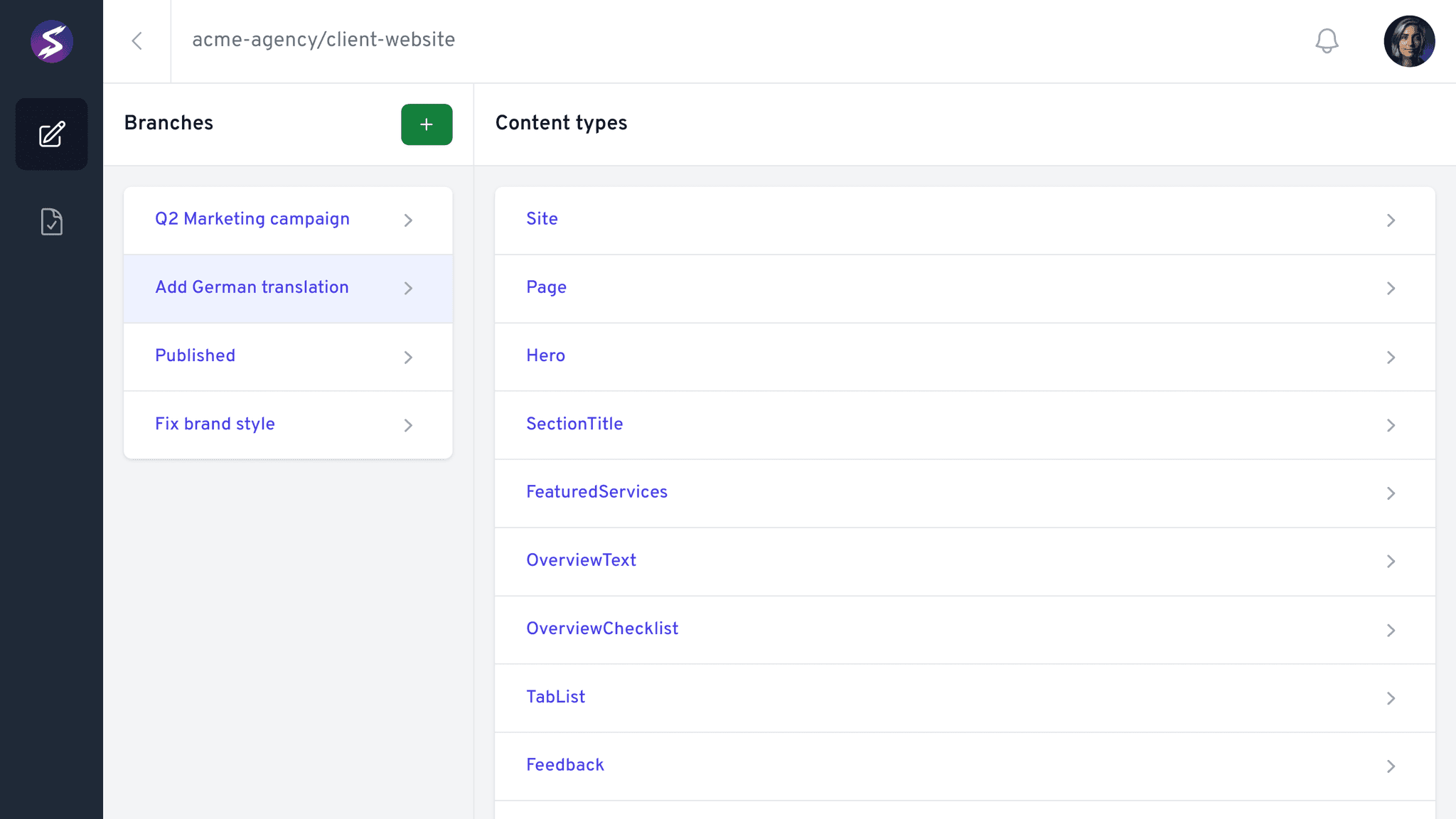 Screenshot of Commitspark-based Content Management using Git workflows
